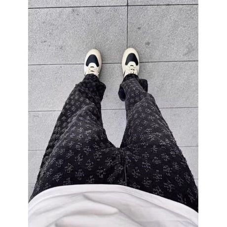 High Street Hip Hop Trousers, Trendy Brand Cool and Handsome Jacquard Full Print Jeans for Men, American Style Vibe Straight Leg Pants - V.I.P Digital Presence