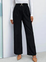Autumn women's solid color with buckle high waisted straight leg pants - V.I.P Digital Presence