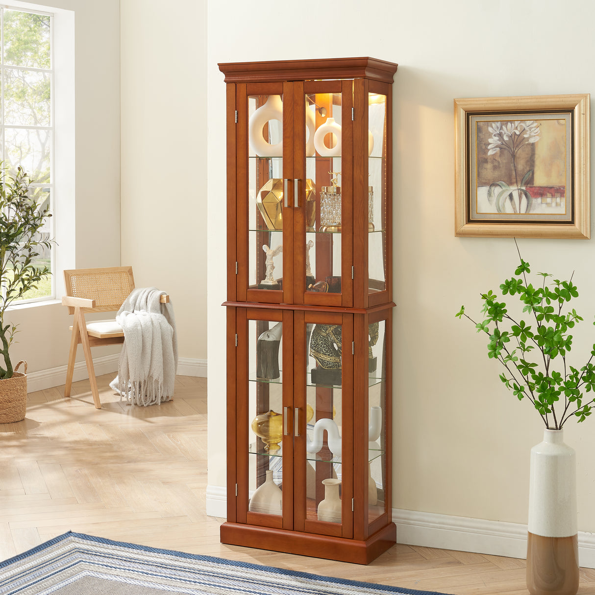 Lighting Curio Diapali cabinet with adjustable shelves, mirror back panel, tempered glass door (without light bulb), walnut wood - V.I.P Digital Presence