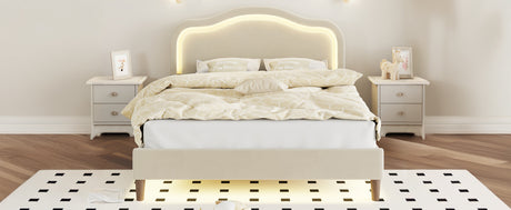 Full Size Velvet Upholstered Smart LED Bed Frame with Adjustable Height Headboard,No Box Spring Needed,Easy Assembly,Beige - V.I.P Digital Presence