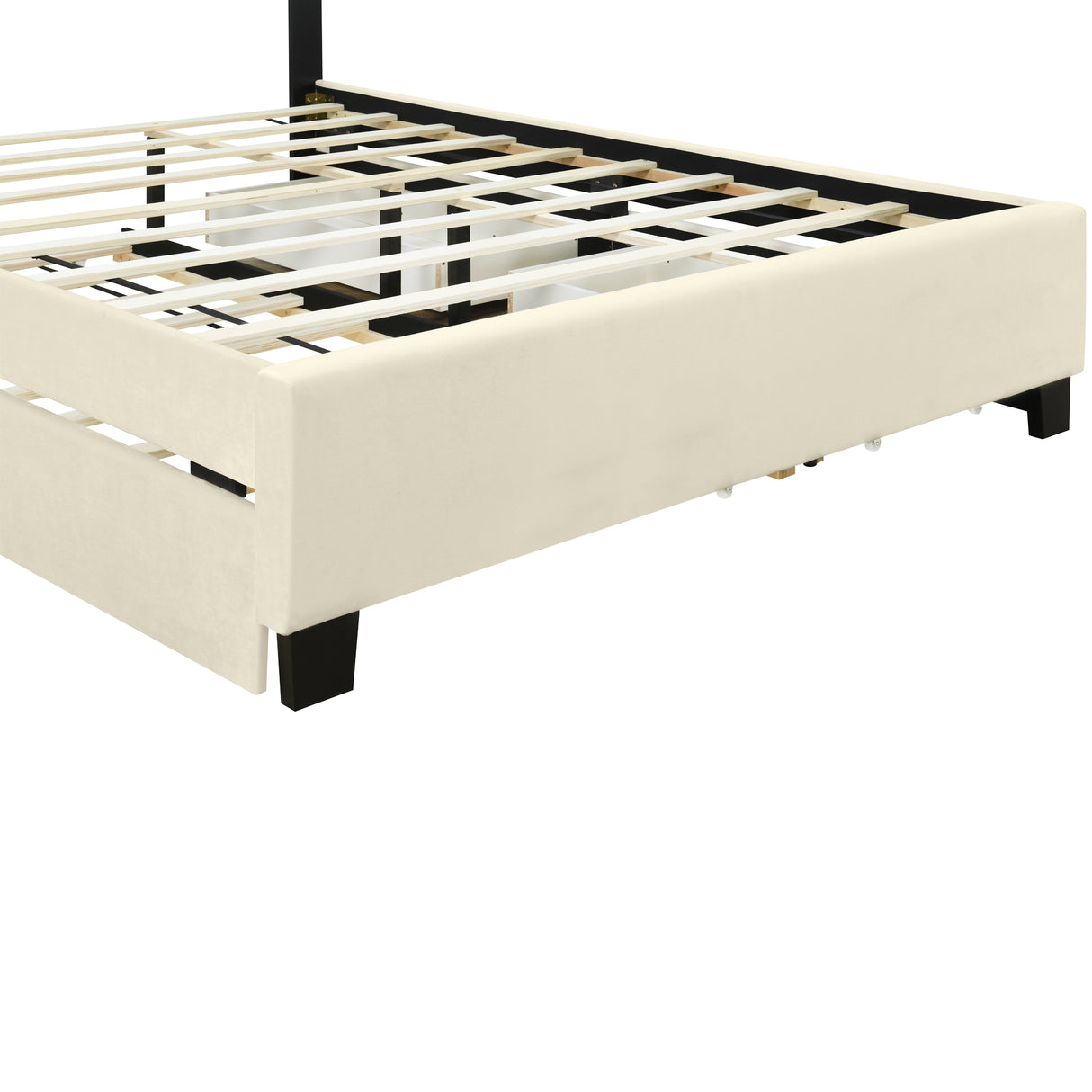 Queen Size Upholstered Platform Bed with 2 Drawers and 1 Trundle, Classic Metal Strip Headboard Design, Beige - V.I.P Digital Presence