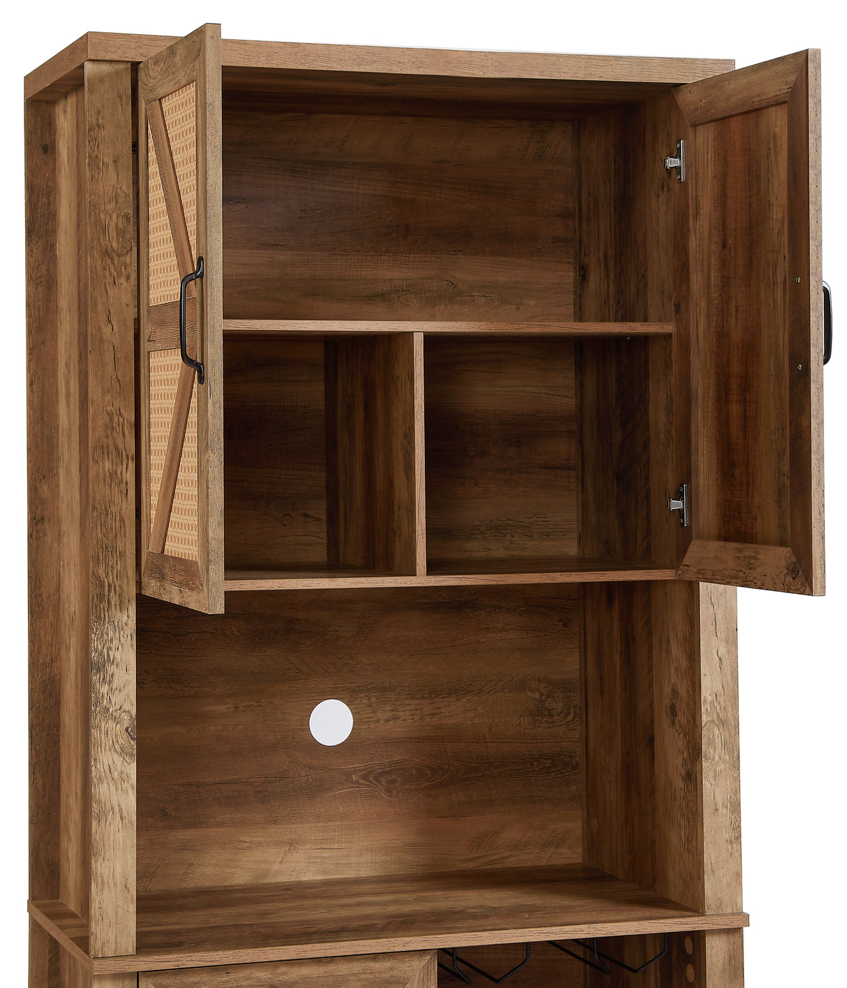 76-Inch Tall Rustic Oak Color Farmhouse Kitchen Faux Rattan Wine Cabinet, Kitchen Bar Cabinet with Square Compartments - V.I.P Digital Presence