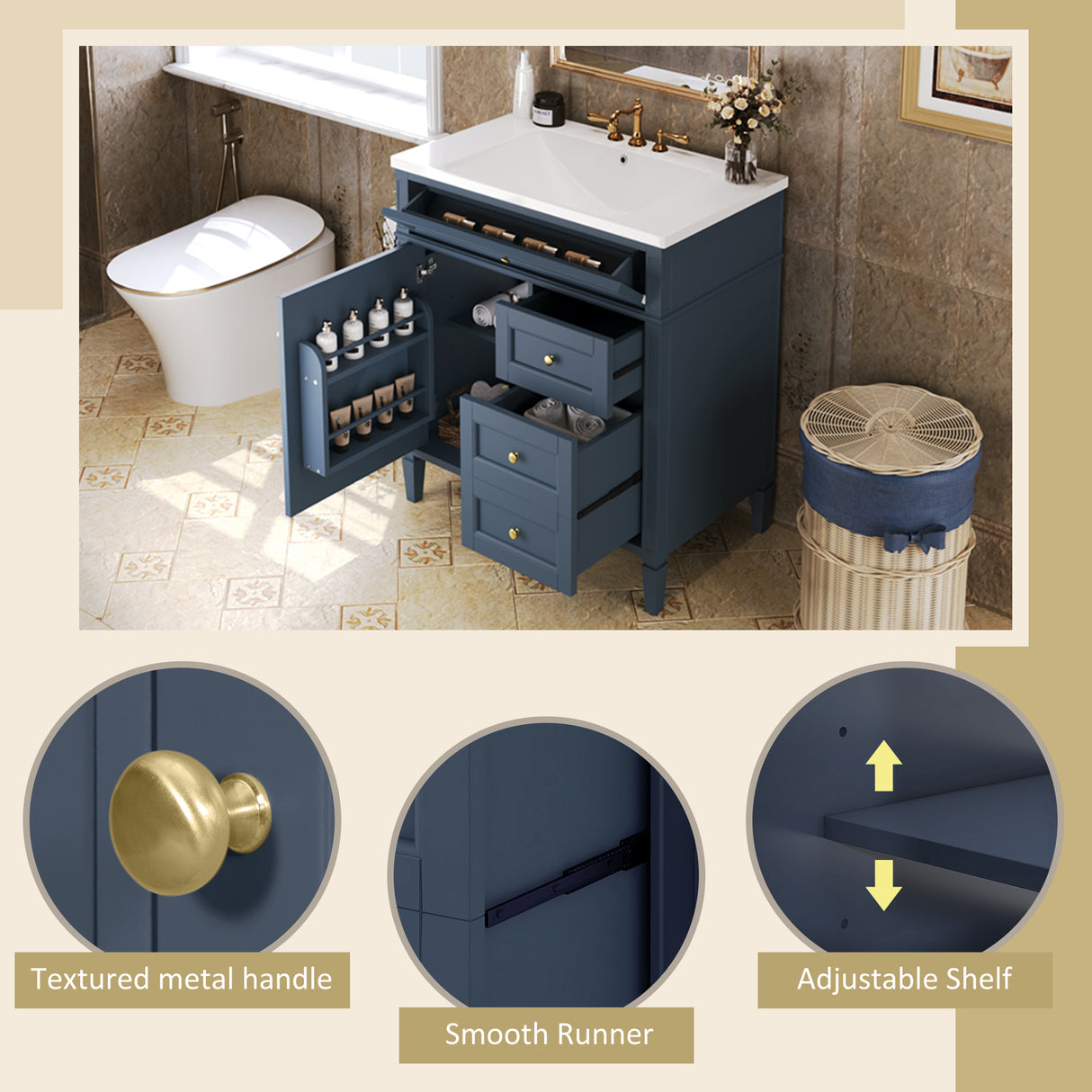 30 inch bathroom vanity with top sink, storage cabinet with 2 drawers and 1 drawer, single sink bathroom vanity - V.I.P Digital Presence