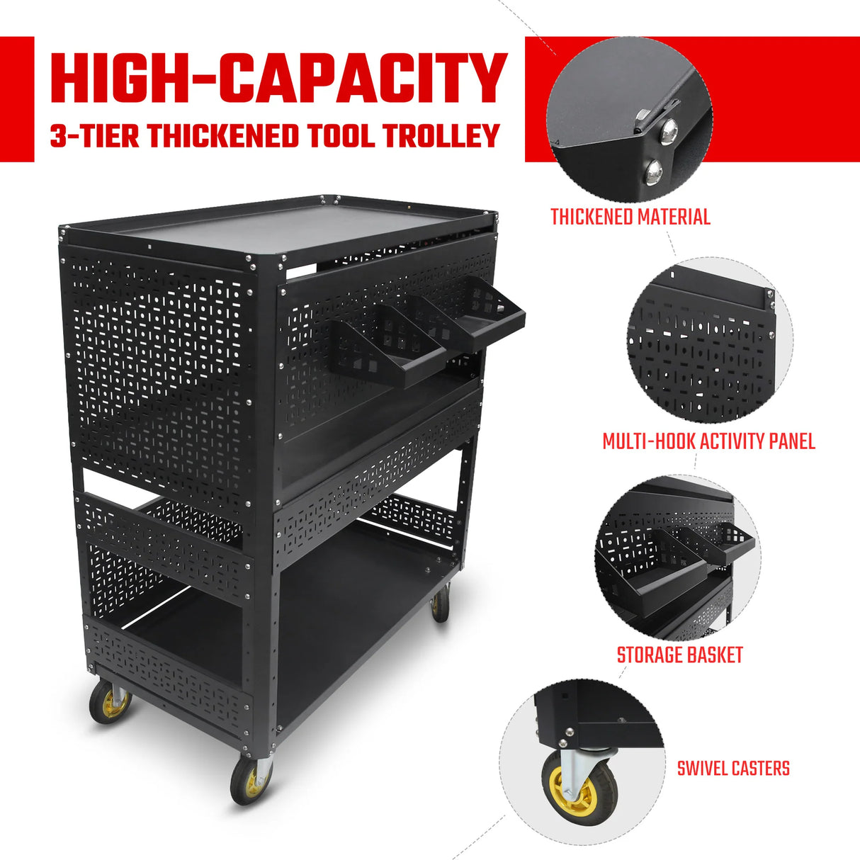 3-Tier Adjustable Rolling Tool Cart | Garage & Workshop Organizer w/ Steel Pegboard - V.I.P Digital Presence