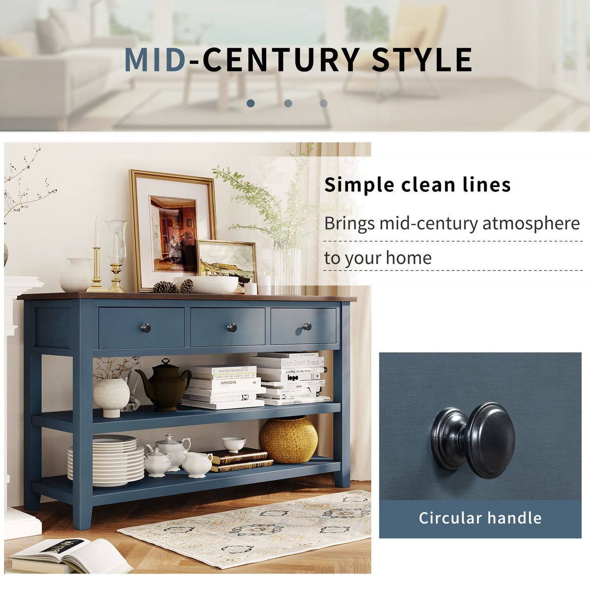Retro Design Console Table with Two Open Shelves, Pine Solid Wood Frame and Legs for Living Room (Antique Navy+Espresso) - V.I.P Digital Presence