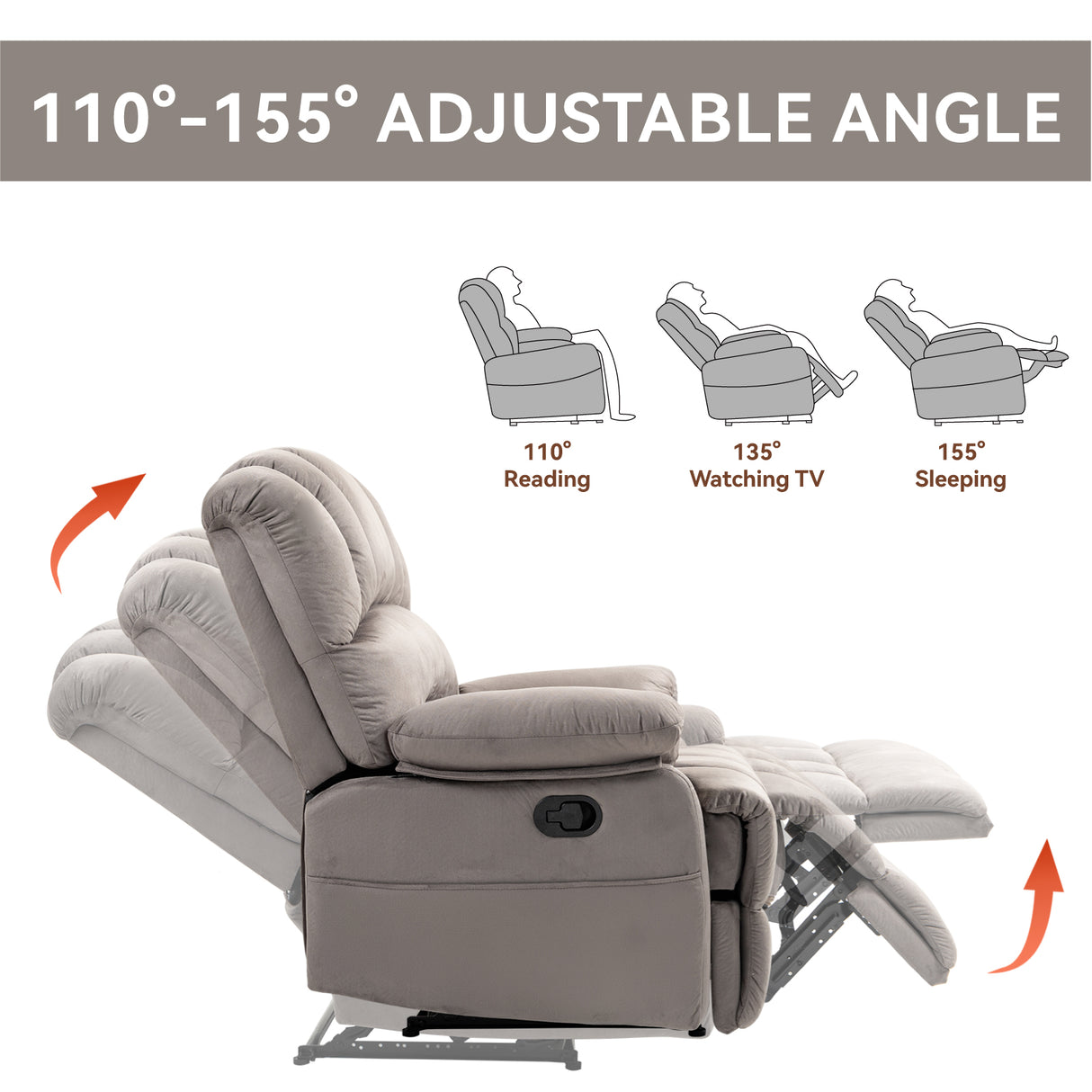 Large Manual Recliner Chair in Fabric for Living Room, Grey - V.I.P Digital Presence