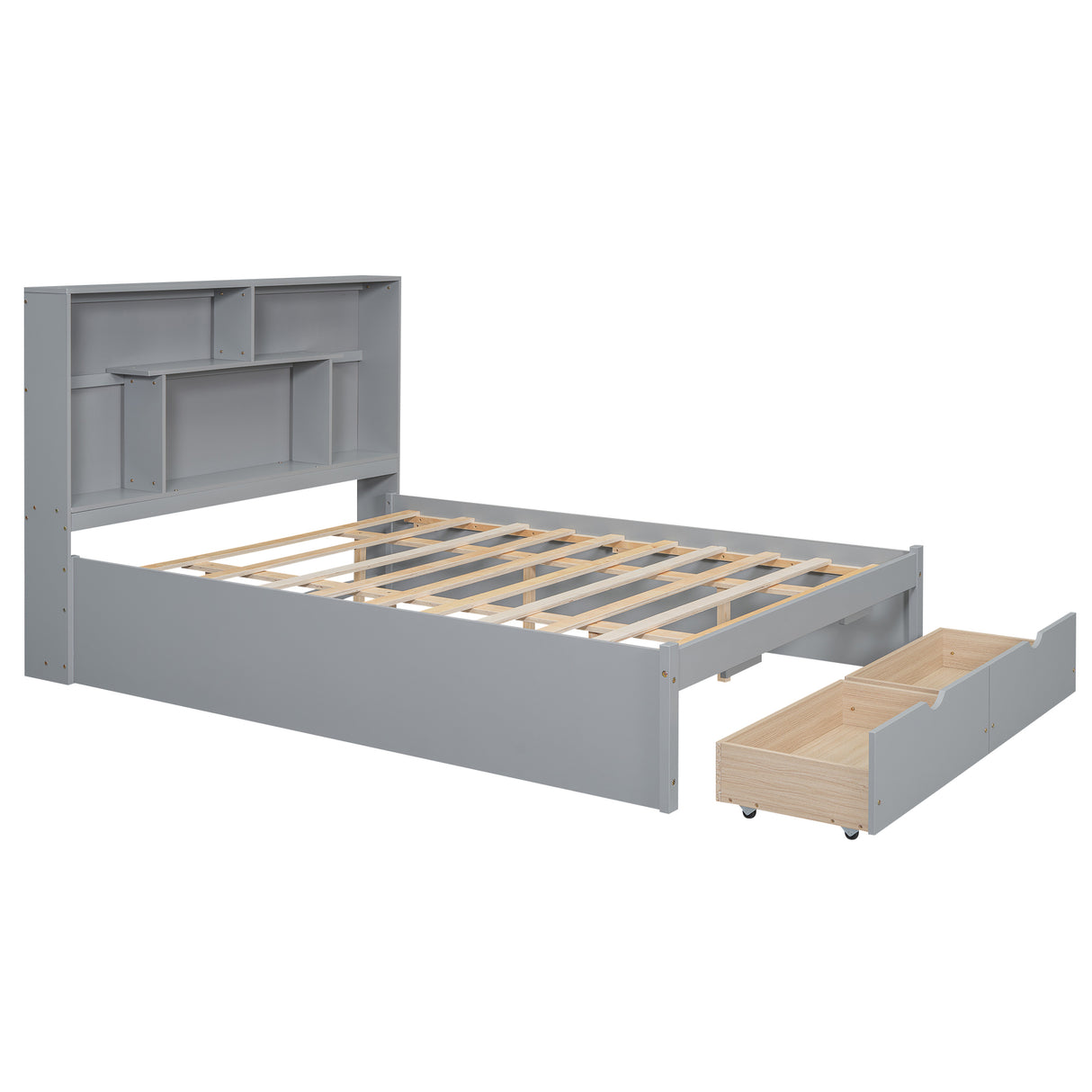 Queen Size Platform Bed with Storage Headboard and 2 Drawers, Gray - V.I.P Digital Presence