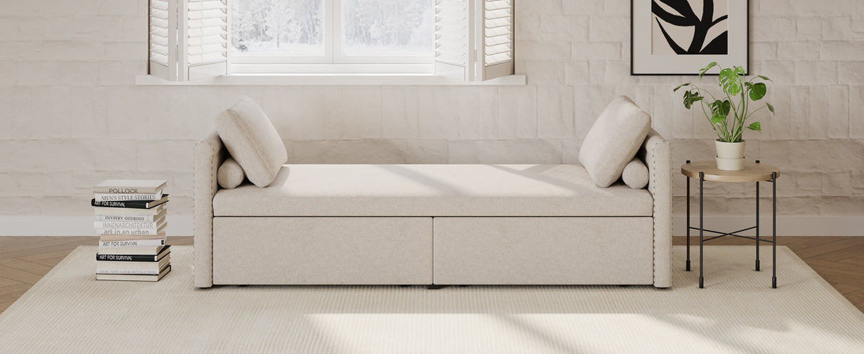 Modern cushioned lounge chair sofa bed with 2 drawers, small single sofa bed without mattress, linen, beige - V.I.P Digital Presence