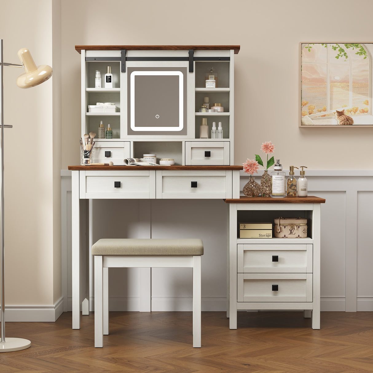 46.5-inch dressing table with adjustable LED lighting mirror and charging station, equipped with soft cushioned stool - V.I.P Digital Presence