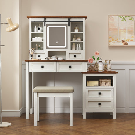 46.5-inch dressing table with adjustable LED lighting mirror and charging station, equipped with soft cushioned stool - V.I.P Digital Presence