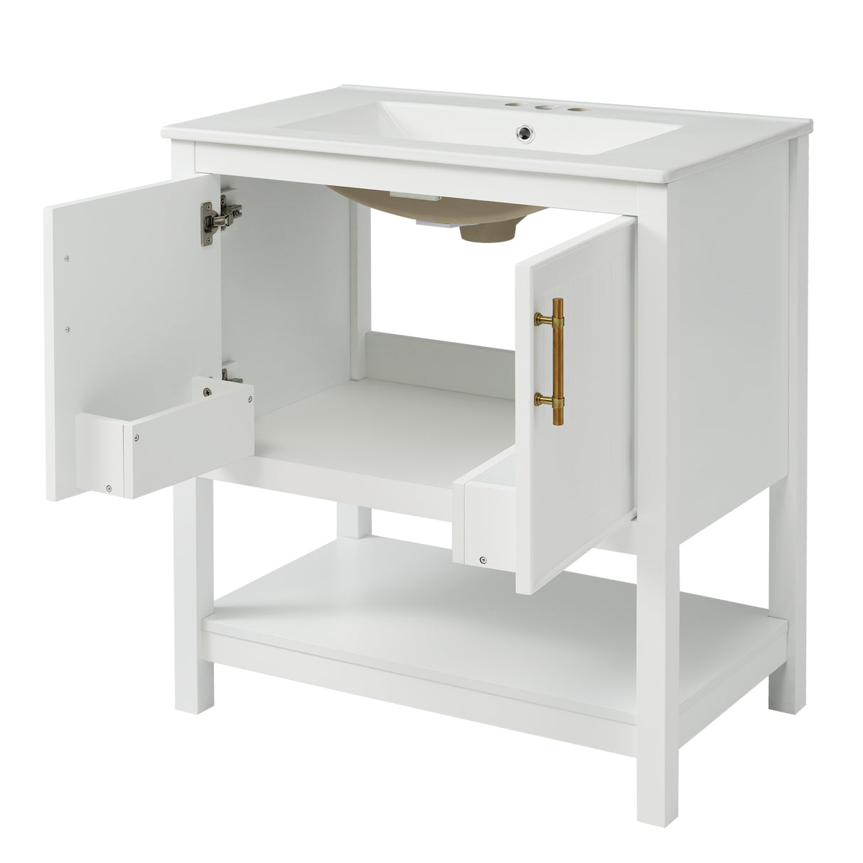 30-Inch White Bathroom Vanity with Ceramic Sink and Versatile Storage - Ideal for Small Bathrooms - V.I.P Digital Presence