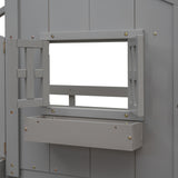 Twin over Twin House Bunk Bed with Roof , Window, Window Box, Door , with Safety Guardrails and Ladder, Grey - V.I.P Digital Presence