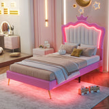 Twin Size Upholstered Bed Frame with LED Lights, Modern Upholstered Princess Bed with Crown Headboard, Pink+White - V.I.P Digital Presence