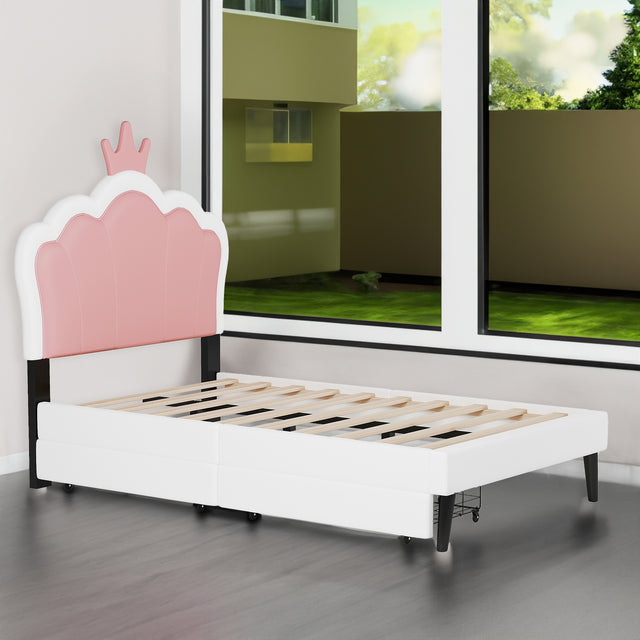 Twin cushion princess bed with crown headboard and 2 drawers with headboard and footrest, pink+white - V.I.P Digital Presence