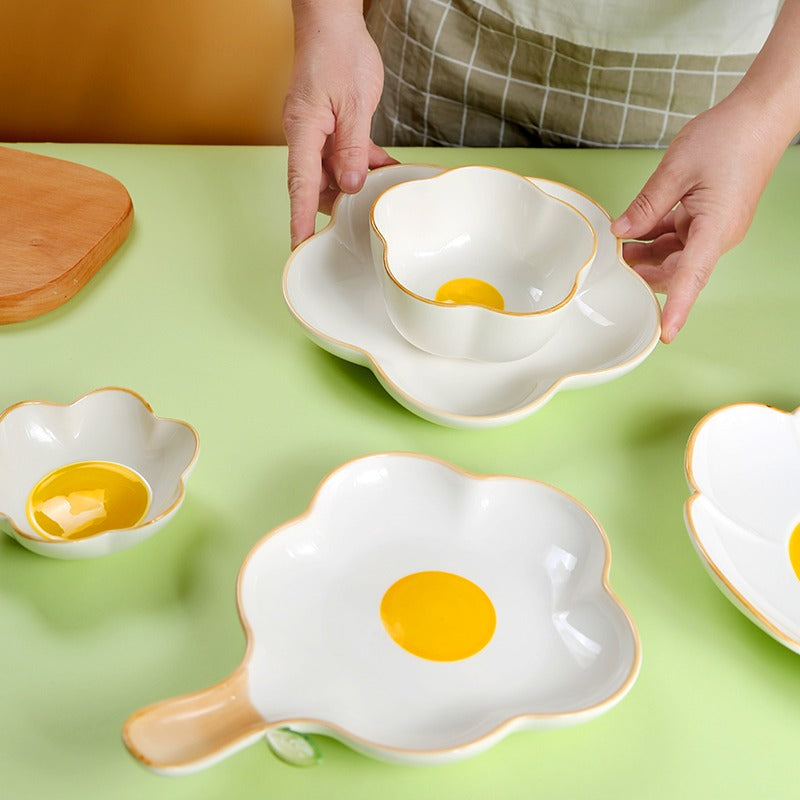 Creative Sun Egg Ceramic Bowl and Dish Set Cute Rice Bowl, Plate, Handle, Plate, Tableware, Home Breakfast Soup Plate - V.I.P Digital Presence