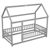 Twin Size Floor Wooden Bed with House Roof Frame, Fence Guardrails,Grey - V.I.P Digital Presence