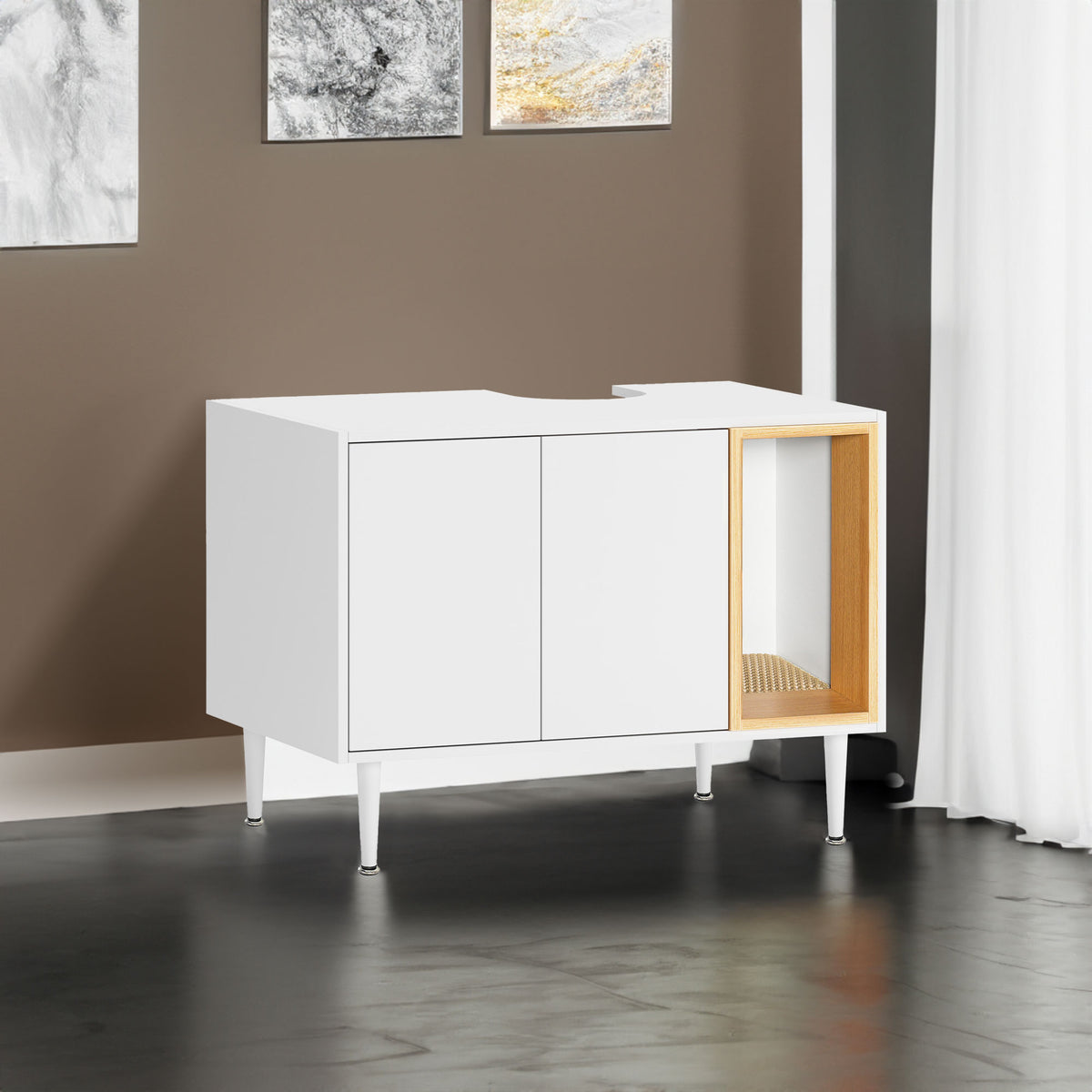 Bathroom sink cabinet, with cat trash can shell, hidden garbage pet bathroom, with partition, wooden cabinet furniture, white - V.I.P Digital Presence