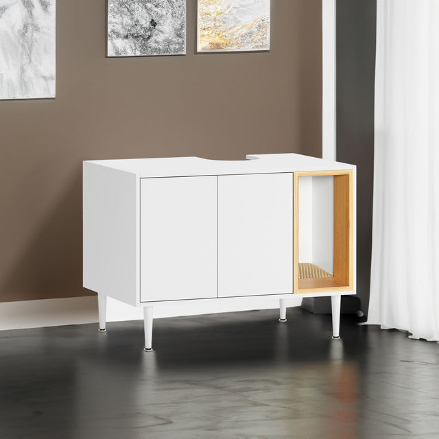 Bathroom sink cabinet, with cat trash can shell, hidden garbage pet bathroom, with partition, wooden cabinet furniture, white - V.I.P Digital Presence