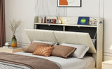 Large floating bed frame with storage headboard, touch sensor, night light and USB charger, padded platform bed, beige color - V.I.P Digital Presence