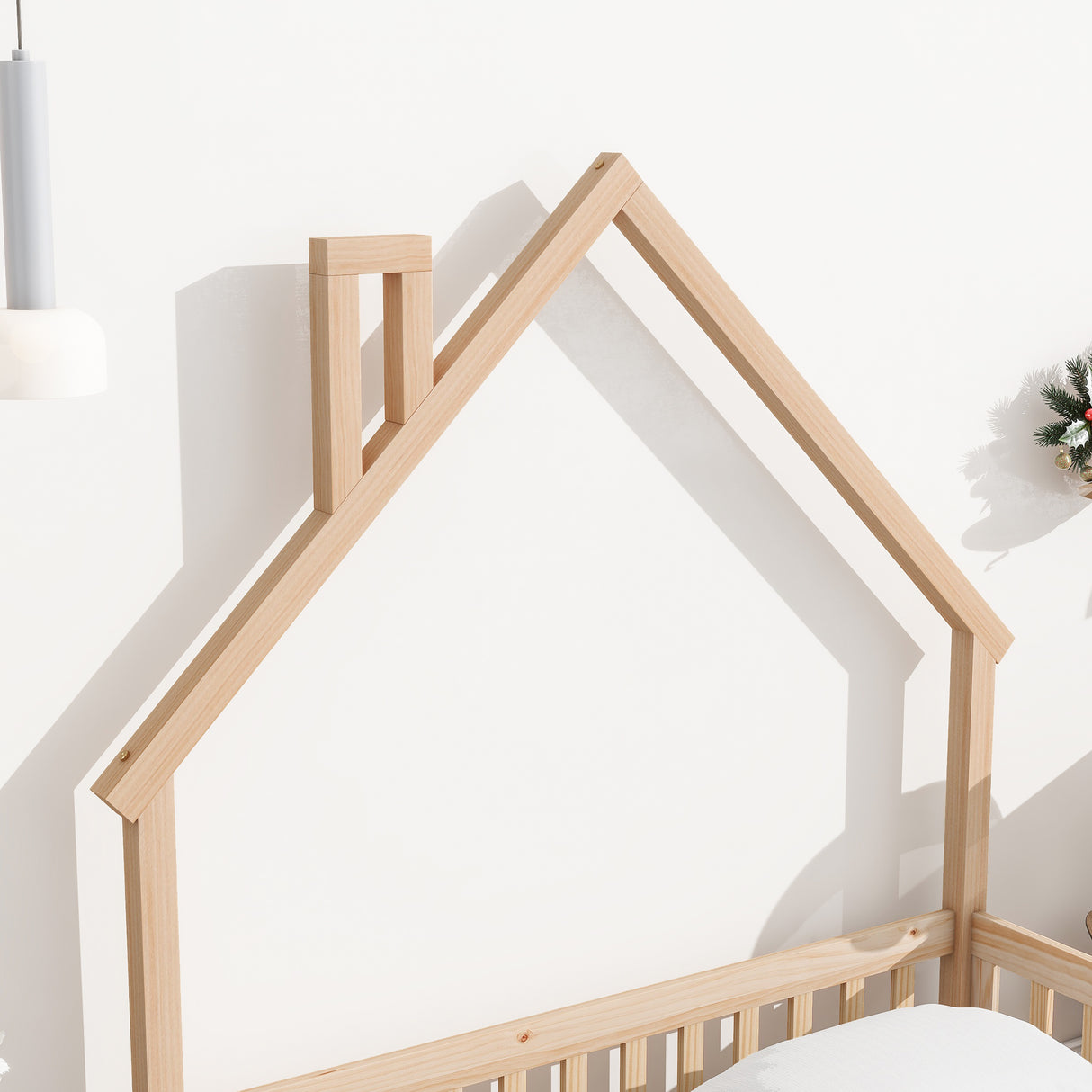 Full House-Shaped Headboard Floor Bed with Fence Natural - V.I.P Digital Presence