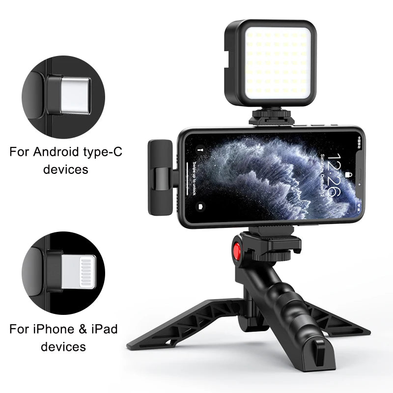 MAMEN Wireless Vlogging Kit Phone Tripod with Lavalier Microphone LED Light for iPhone Android Smartphone Live Streaming Toolkit - V.I.P Digital Presence