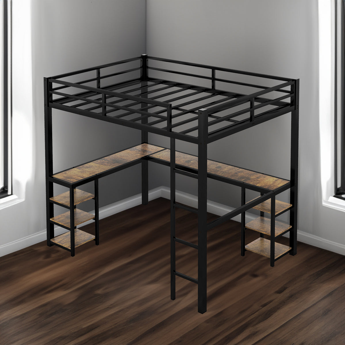 Full Metal Loft Bed with Desk and Shelves, Loft Bed with Ladder and Guardrails, Loft Bed Frame for Bedroom, Black - V.I.P Digital Presence