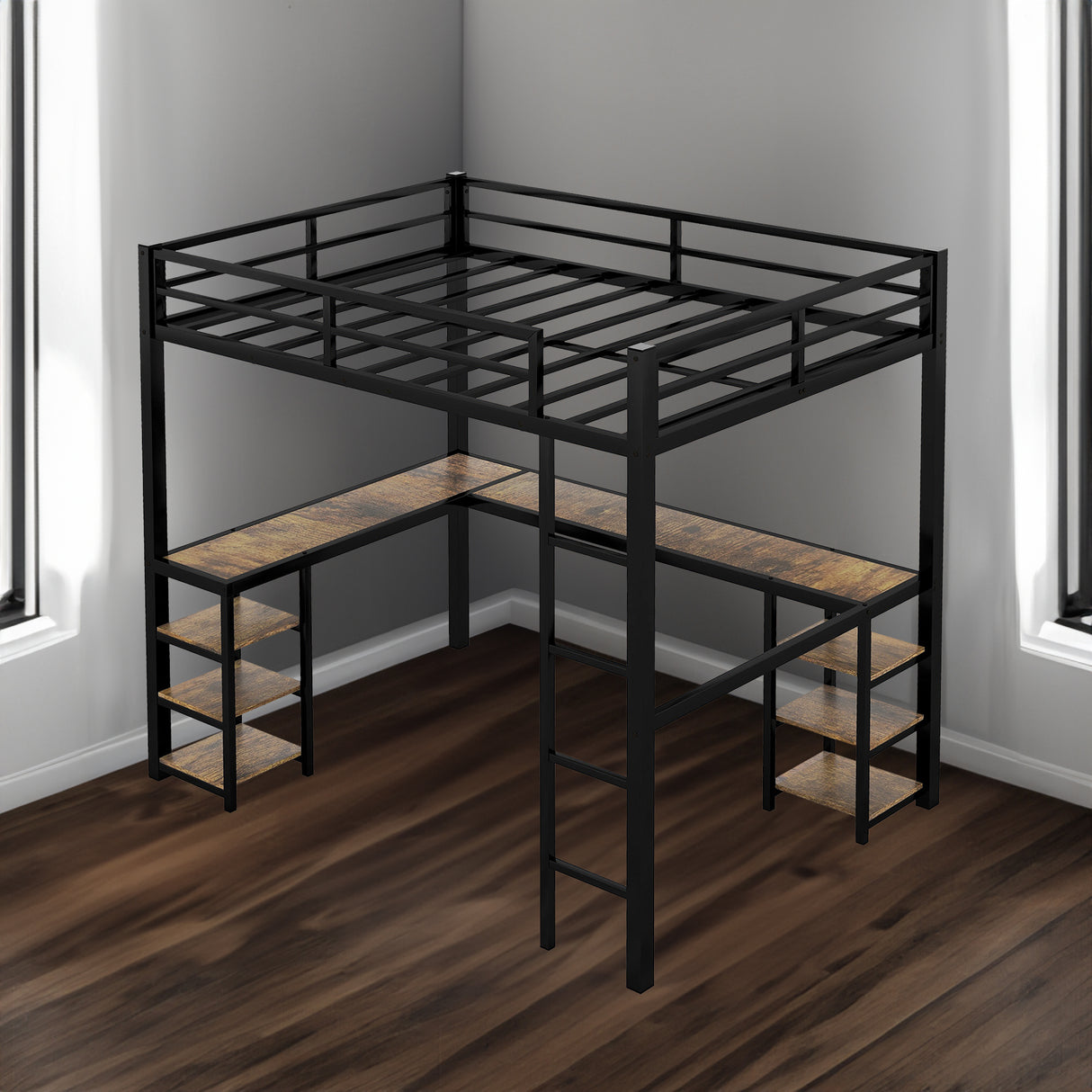 Full Metal Loft Bed with Desk and Shelves, Loft Bed with Ladder and Guardrails, Loft Bed Frame for Bedroom, Black - V.I.P Digital Presence