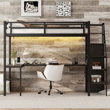 Twin XL loft bed with L-shaped desk and USB, metal loft bed with wardrobe and adjustable shelf, LED loft bed, black - V.I.P Digital Presence