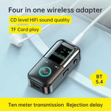 Receptor y transmisor de audio Bluetooth 5.4 de 3,5 mm con entrada AUX y compatible con tarjeta TF, adaptador de audio inalámbrico con micrófono y pantalla digital LED. 
