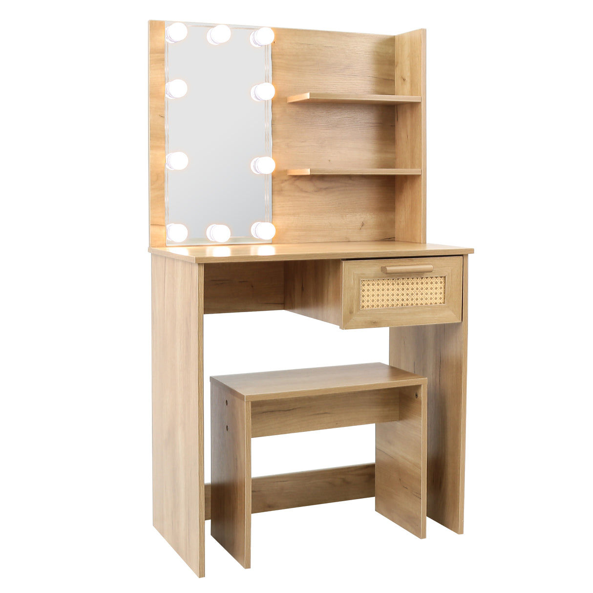 Vanity Desk Set Stool & Dressing Table with LED Lighting Mirror Drawer and Wood Cosmetic Table Chest of Drawers Nature Color - V.I.P Digital Presence