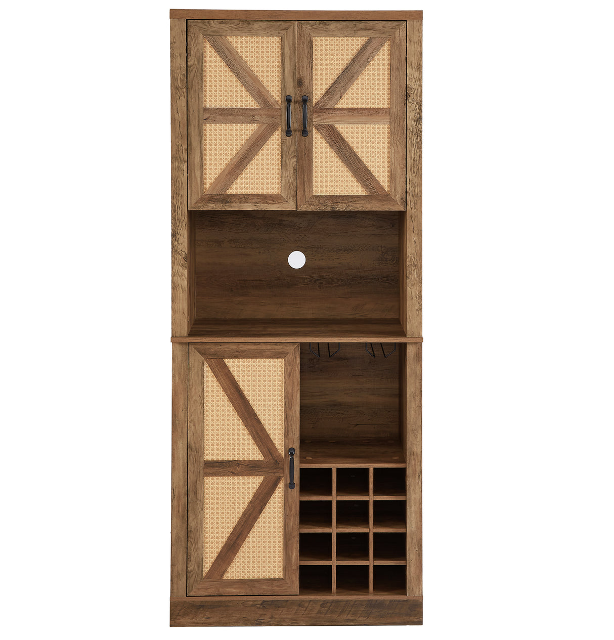 76-Inch Tall Rustic Oak Color Farmhouse Kitchen Faux Rattan Wine Cabinet, Kitchen Bar Cabinet with Square Compartments - V.I.P Digital Presence