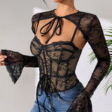 Lace sexy mesh see through backless long sleeved shawl new two-piece set spicy girl camisole vest - V.I.P Digital Presence