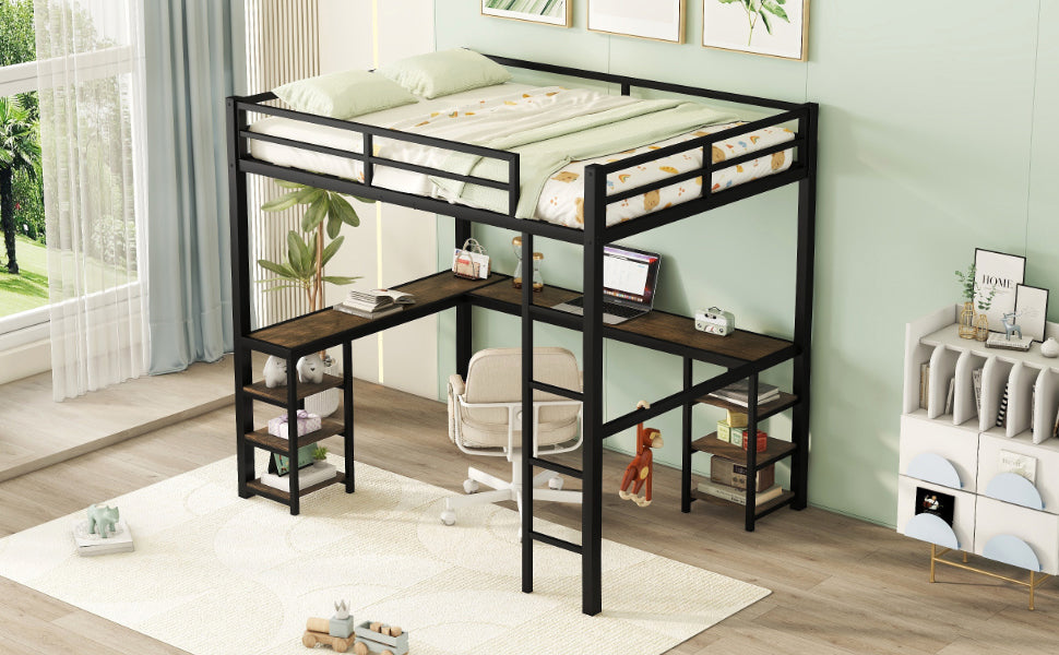Full Metal Loft Bed with Desk and Shelves, Loft Bed with Ladder and Guardrails, Loft Bed Frame for Bedroom, Black - V.I.P Digital Presence