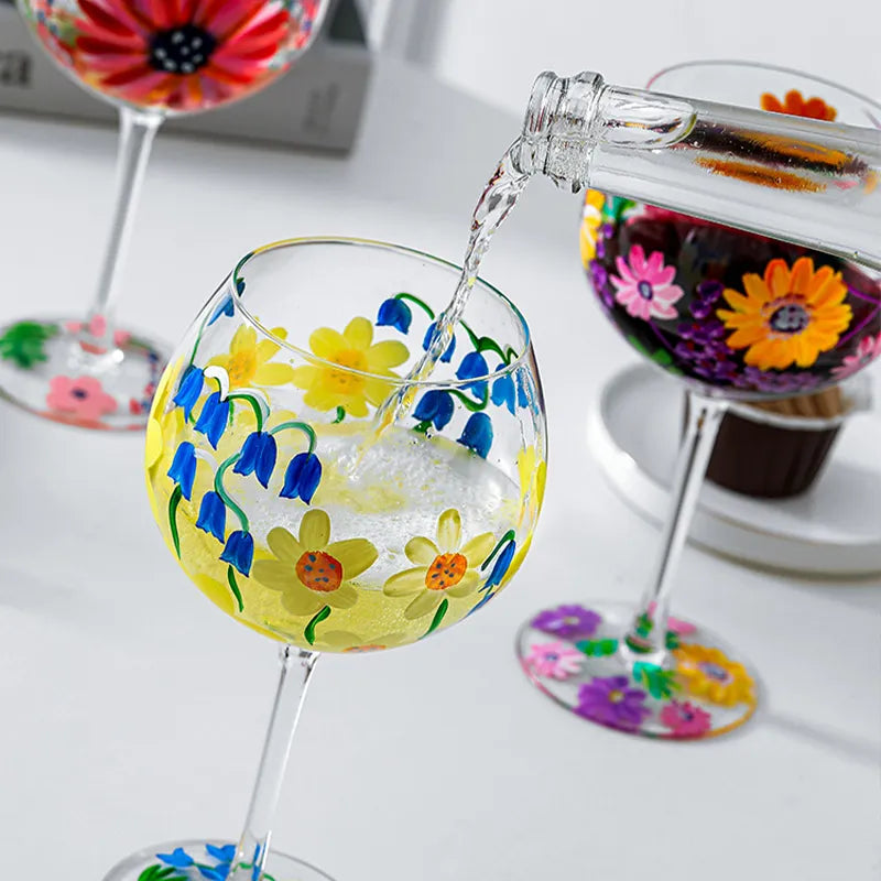 Nordic Colored Glass Wine Glasses Creative Hand-Painted Flowers Wine Glass Household Painted Goblet Crystal Champagne Drinkware - V.I.P Digital Presence