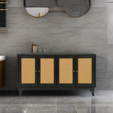 Handcrafted Premium Grain Panels Rattan Sideboard Buffer Cabinet Accent Storage Cabinet With 4 Rattan Doors BLACK - V.I.P Digital Presence