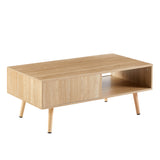 41.34" Rattan Coffee table sliding door for storage solid wood legs Modern table for living room  natural - V.I.P Digital Presence