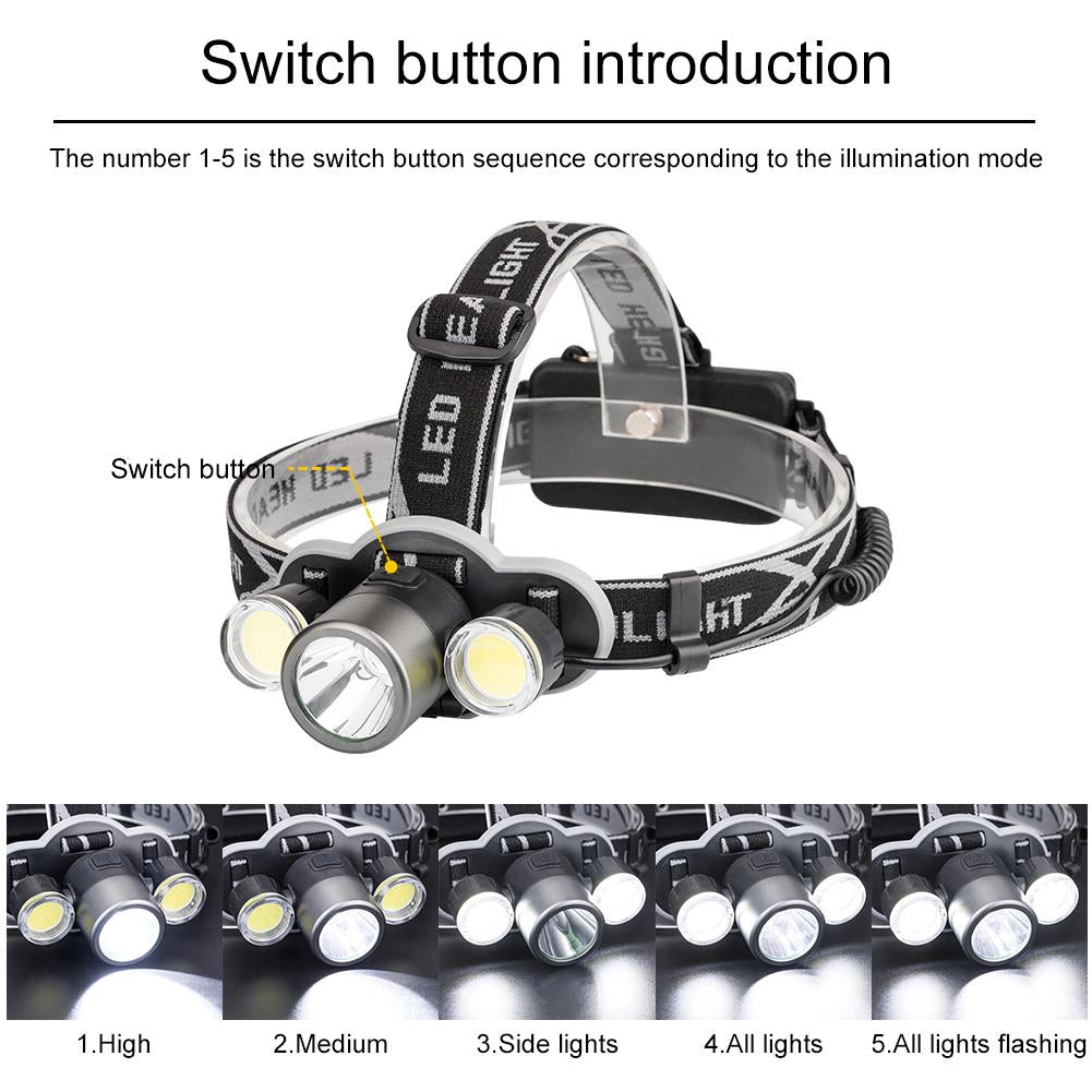 Linterna frontal XML T6+2 COB LED de 6000 lúmenes, potente linterna LED recargable 18650