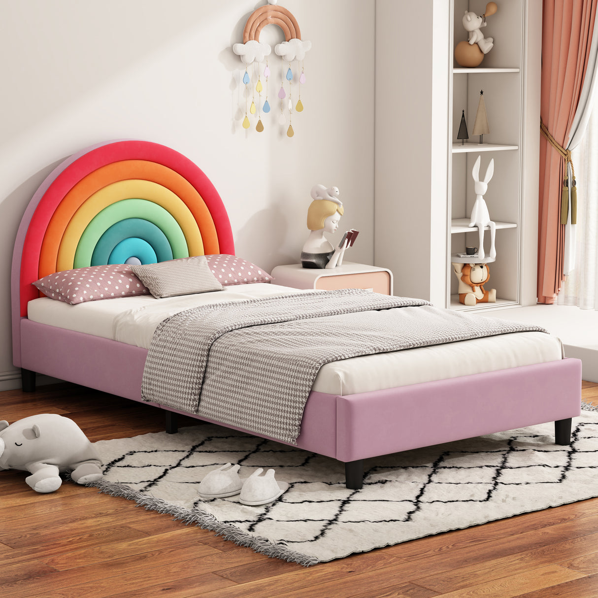 Rainbow Design Upholstered Twin Platform Bed Cute Style Princess Bed for Boys & Girls, Teens, Colorful & Pink - V.I.P Digital Presence
