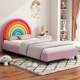 Rainbow Design Upholstered Twin Platform Bed Cute Style Princess Bed for Boys & Girls, Teens, Colorful & Pink - V.I.P Digital Presence