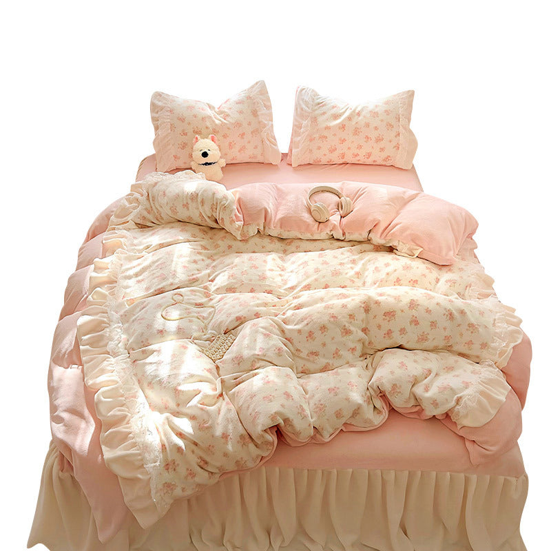 Princess style milk velvet bed four piece set, winter thick double-sided velvet duvet cover with velvet bed sheet bedding - V.I.P Digital Presence