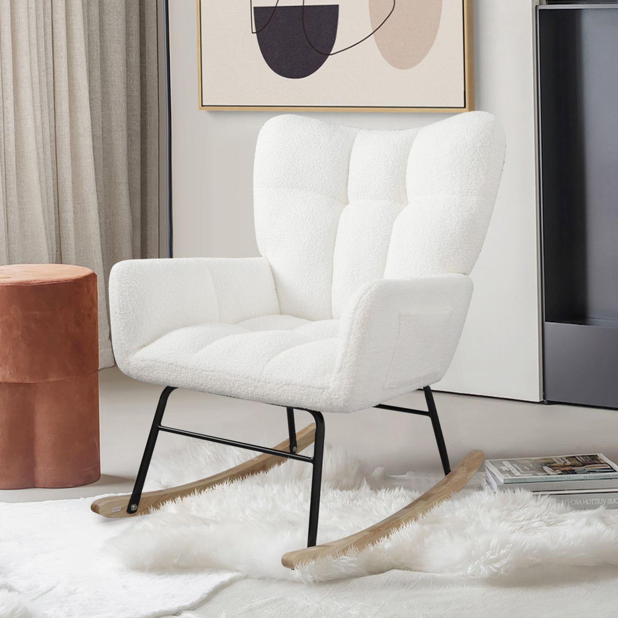 Teddy fabric rocking chair, cushioned rocking chair with high backrest, modern rocking chair, white - V.I.P Digital Presence
