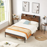 Bed frame with charging station full size, Rustic Brown, 83.1'' L x 56.1'' W x 39'' H - V.I.P Digital Presence