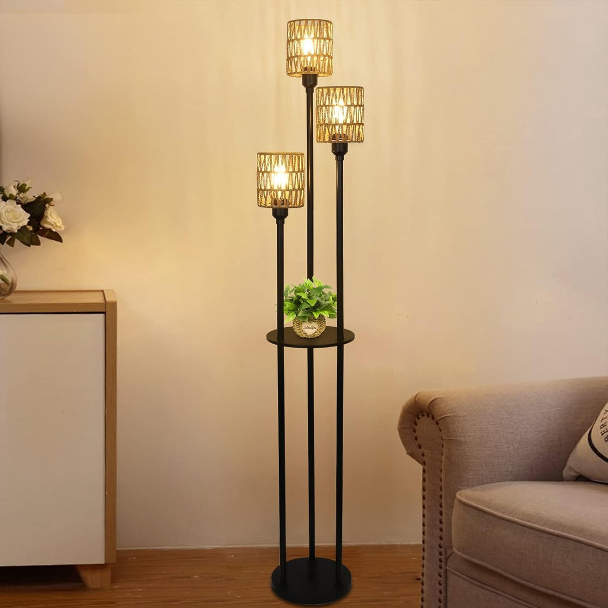 Boho Floor Lamp with Shelves 3-Lights Farmhouse Tall Floor Lamp with ON/OFF Foot Switch Rustic Standing Lamp with Rattan Shades - V.I.P Digital Presence