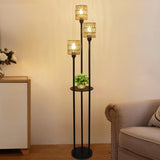 Boho Floor Lamp with Shelves 3-Lights Farmhouse Tall Floor Lamp with ON/OFF Foot Switch Rustic Standing Lamp with Rattan Shades - V.I.P Digital Presence