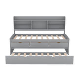Twin Size Wooden Captain Bed with Built-in Bookshelves,Three Storage Drawers and Trundle Light Grey