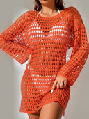 Knitted hollowed out pullover round neck long sleeved bikini swimsuit cover - V.I.P Digital Presence