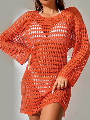 Knitted hollowed out pullover round neck long sleeved bikini swimsuit cover - V.I.P Digital Presence