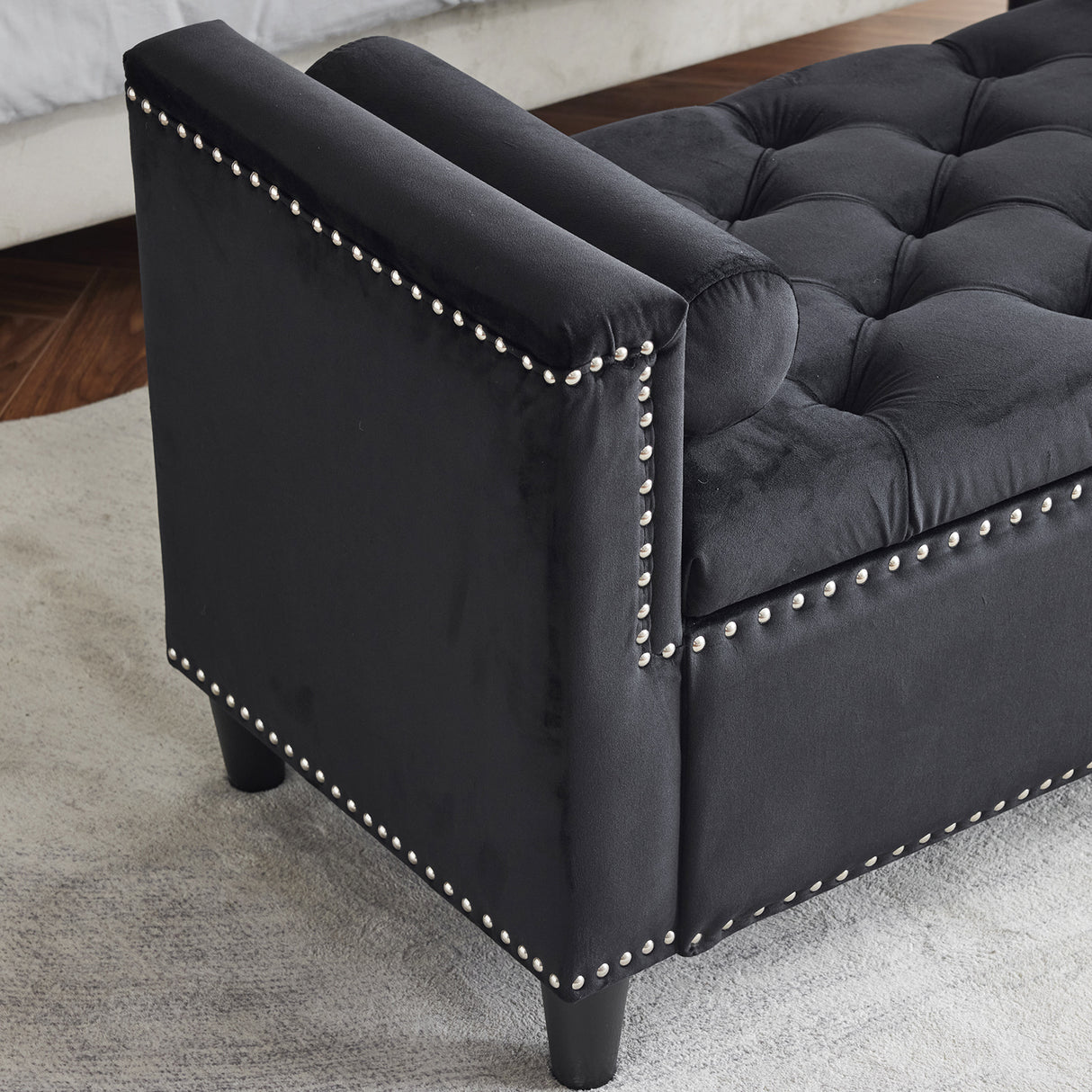 Storage Bench, 44.5-Inch Queen Velvet Button Bedside Bench, Entryway Living Room with Armrests, Nailhead Trim  Black - V.I.P Digital Presence