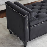 Storage Bench, 44.5-Inch Queen Velvet Button Bedside Bench, Entryway Living Room with Armrests, Nailhead Trim  Black - V.I.P Digital Presence