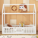 Twin Size Wood House Bed with Fence and Door, White - V.I.P Digital Presence